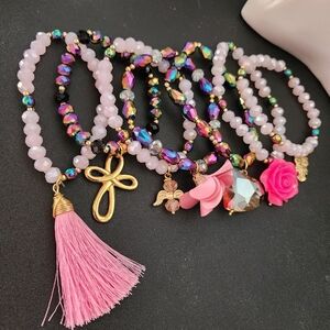 Hand Made Set of 7 AB Pink Crystal Glass Bracelets with Gold Charms Semanario